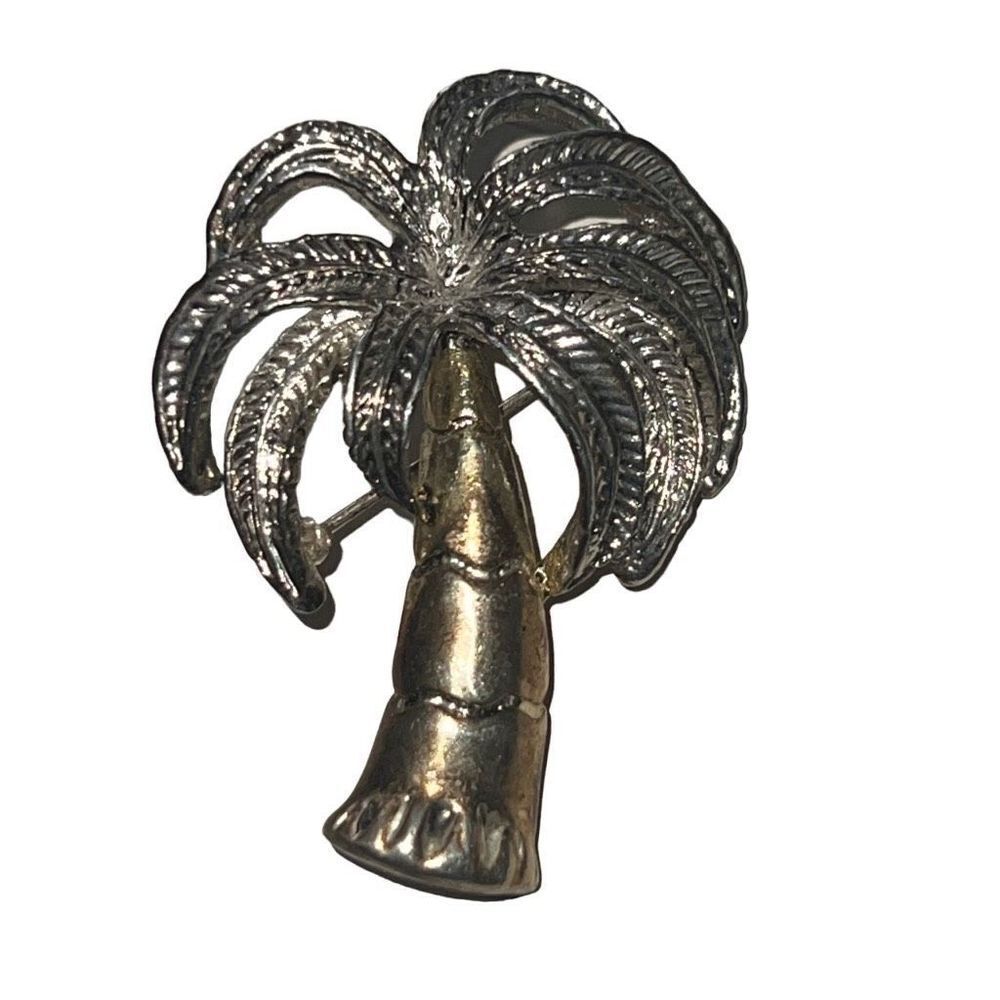 Vintage Stainless Steel Antique Silver Palm Tree Pendent Brooch